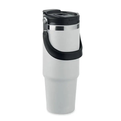 Pahar cu perete dublu 850 ml alb izolat cu capac negru mâner și bandă metalică argintie pentru călătorii