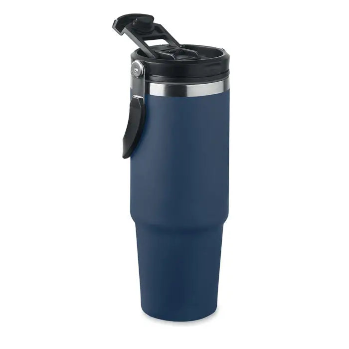 Pahar cu perete dublu 850 ml bleumarin cu capac negru si banda argintie, recipient termoizolant pentru calatorii