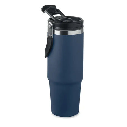 Pahar cu perete dublu 850 ml bleumarin cu capac negru si banda argintie, recipient termoizolant pentru calatorii