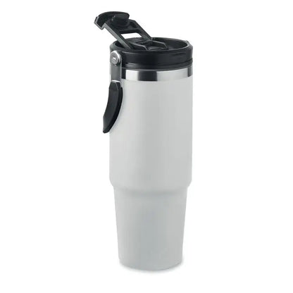 Pahar cu perete dublu 850 ml alb mat cu capac negru si maner din material izolant pentru calatorii