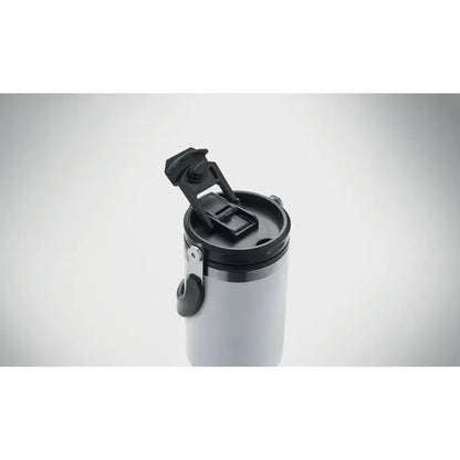 Pahar cu perete dublu 850 ml argintiu izolat din metal cu capac si maner negru din plastic pentru calatorii