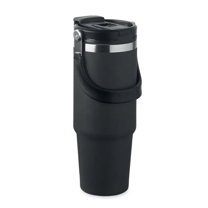 Pahar cu perete dublu 850 ml cu izolație, culoare negru mat și bandă argintie sub capac