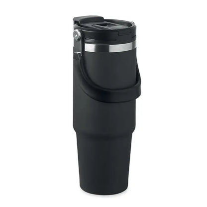 Pahar cu perete dublu 850 ml cu izolație, culoare negru mat și bandă argintie sub capac
