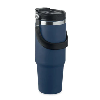Pahar cu perete dublu 850 ml albastru închis izolat cu capac și mâner negre și bandă argintie