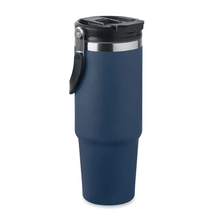 Pahar cu perete dublu 850 ml bleumarin cu capac negru si banda argintie izolat pentru calatorii