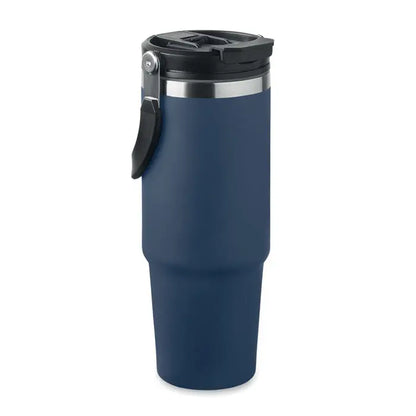 Pahar cu perete dublu 850 ml bleumarin cu capac negru si banda argintie izolat pentru calatorii