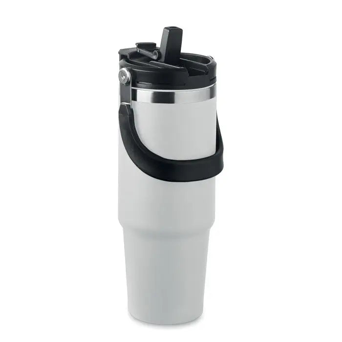 Pahar cu perete dublu 850 ml alb cu capac si maner negru si margine din otel inoxidabil