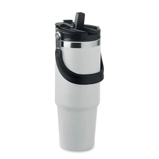Pahar cu perete dublu 850 ml alb cu capac si maner negru si margine din otel inoxidabil