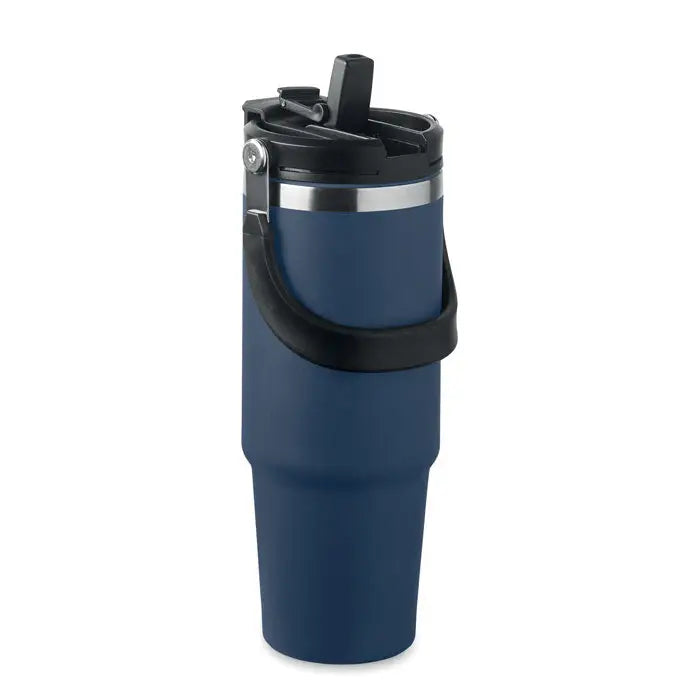 Pahar cu perete dublu 850 ml albastru navy izolat cu capac negru maner si banda accent din otel inoxidabil