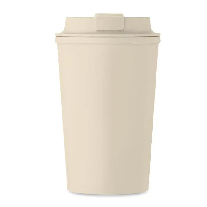 Beige pahar de calatorie din plastic cu perete dublu pla 350ml, capac asortat si maner integrat