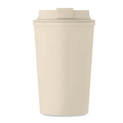 Beige pahar de calatorie din plastic cu perete dublu pla 350ml, capac asortat si maner integrat
