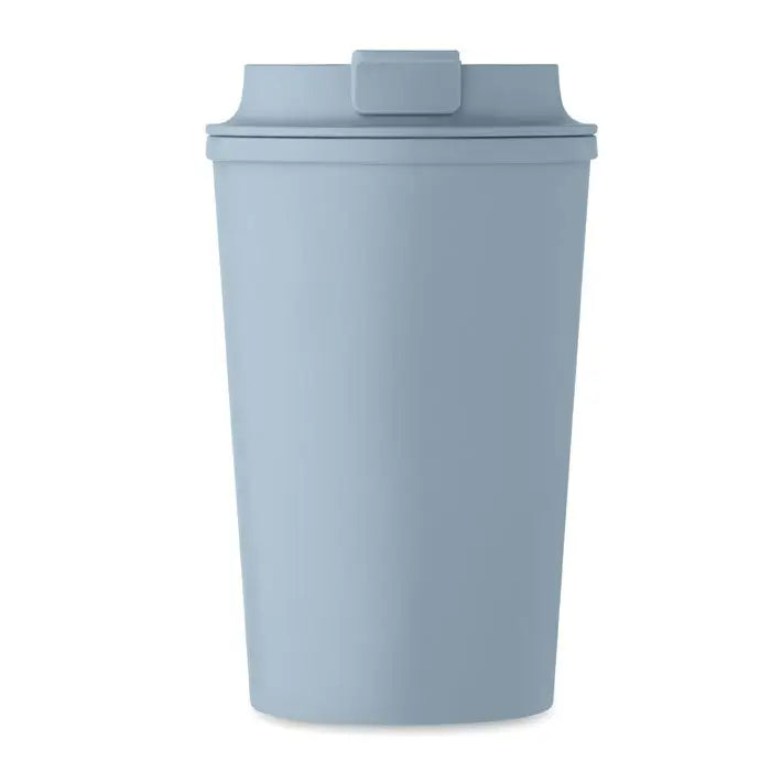 Pahar cu perete dublu pla 350ml din silicon albastru deschis cu capac si inchidere rectangulara pliabila pentru calatorii