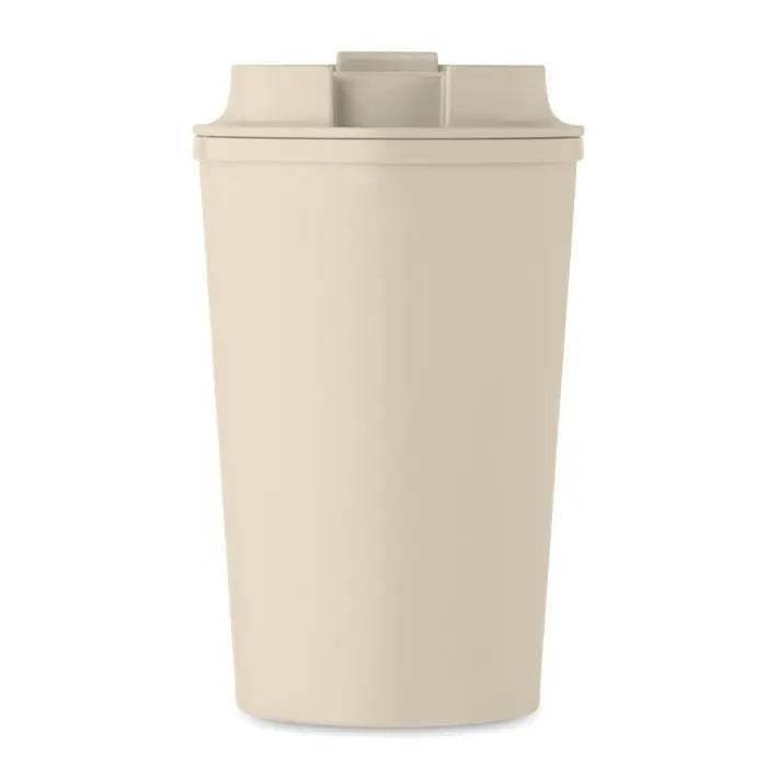 Pahar cu perete dublu pla 350ml bej din plastic cu capac asortat si deschidere dreptunghiulara pentru baut usor