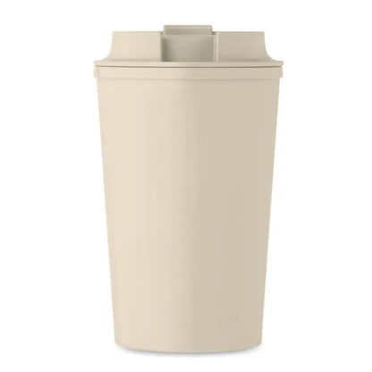 Pahar cu perete dublu pla 350ml bej din plastic cu capac asortat si deschidere dreptunghiulara pentru baut usor