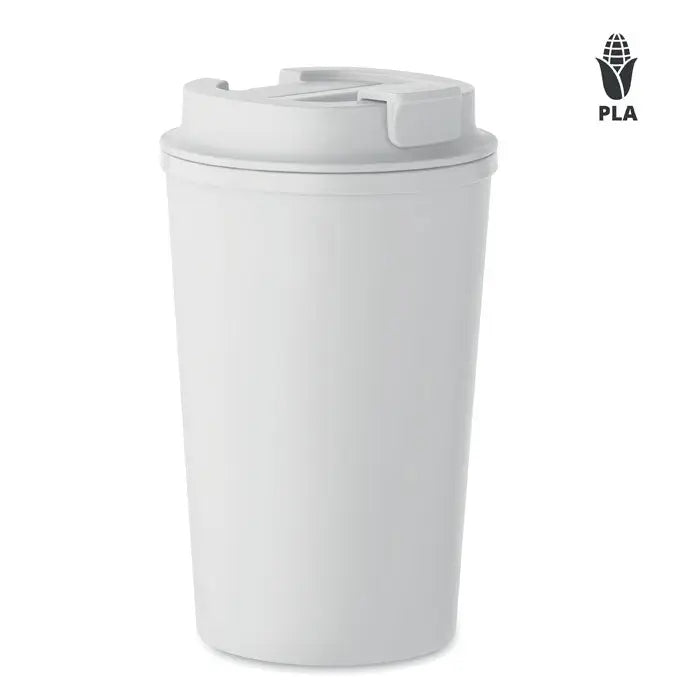 Pahar cu perete dublu PLA 350ml alb cu capac asortat si mecanism rabatabil pentru calatorii