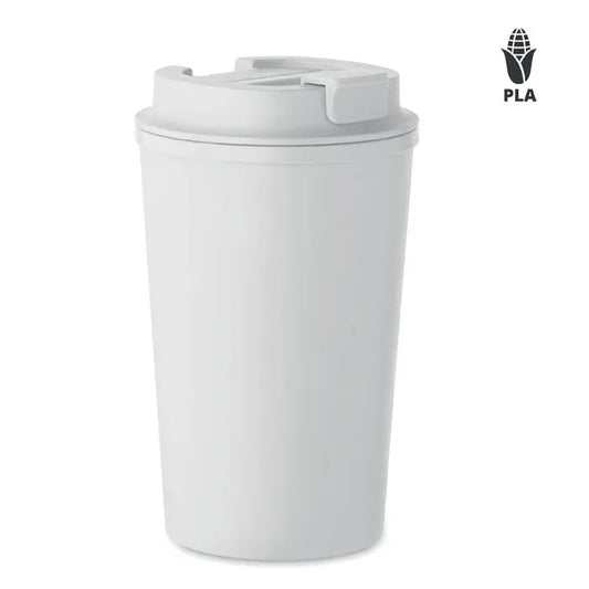 Pahar cu perete dublu PLA 350ml alb cu capac asortat si mecanism rabatabil pentru calatorii