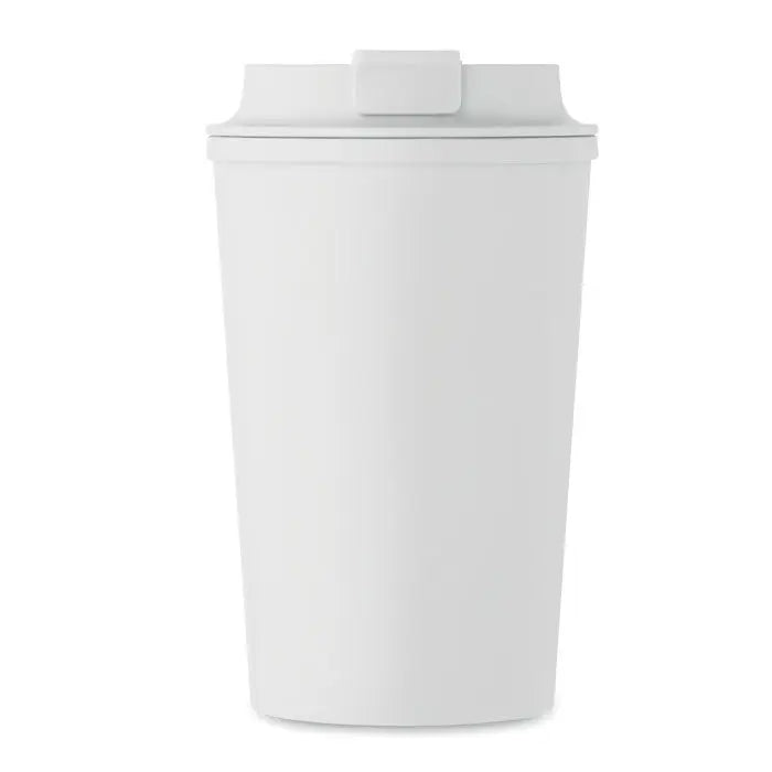 Pahar cu perete dublu pla 350ml alb cu capac si maner integrat din plastic pentru calatorii