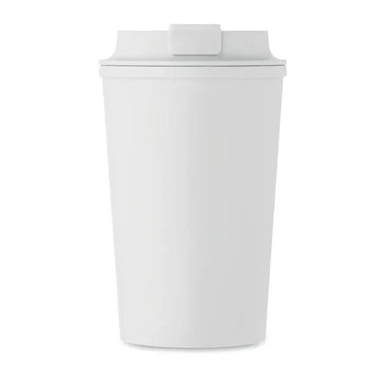 Pahar cu perete dublu pla 350ml alb cu capac si maner integrat din plastic pentru calatorii
