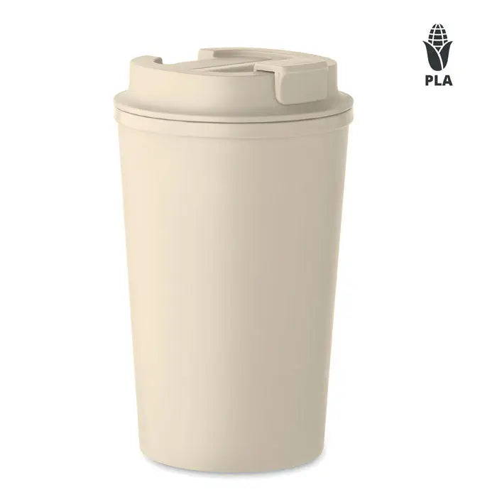Beige pahar cu perete dublu pla 350ml cu capac flip-top din material pla, reutilizabil pentru călătorii