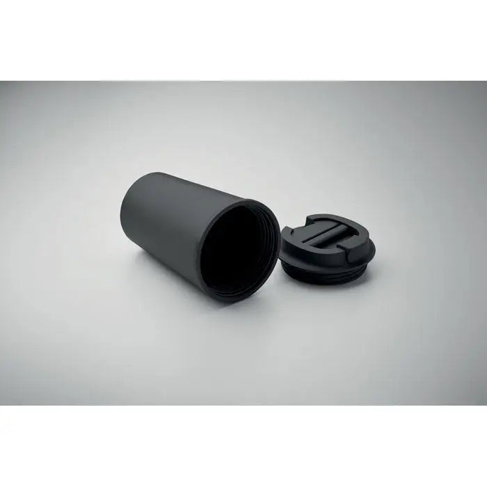 Pahar cu perete dublu pla 350ml cu capac de lentilă cilindric negru mat cu filet și mâner integrat