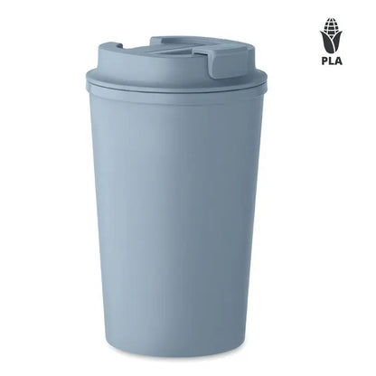 Pahar cu perete dublu pla 350ml albastru deschis mat cu capac rabatabil si maner integrat reutilizabil pentru calatorii