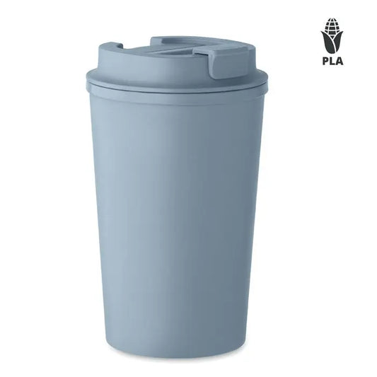 Pahar cu perete dublu pla 350ml albastru deschis mat cu capac rabatabil si maner integrat reutilizabil pentru calatorii