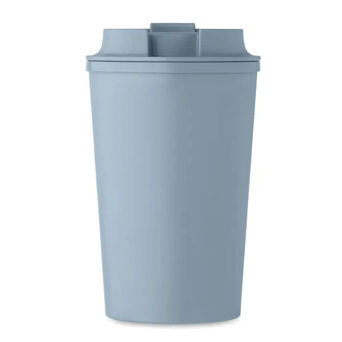 Pahar cu perete dublu pla 350ml albastru deschis mat cu capac si maner integrat pentru calatorii