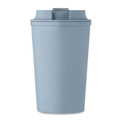 Pahar cu perete dublu pla 350ml albastru deschis mat cu capac si maner integrat pentru calatorii