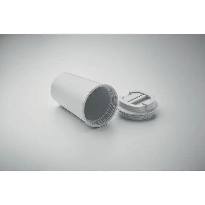Pahar cu perete dublu pla 350ml alb cilindric cu capac filetat si mecanism integrat de inchidere