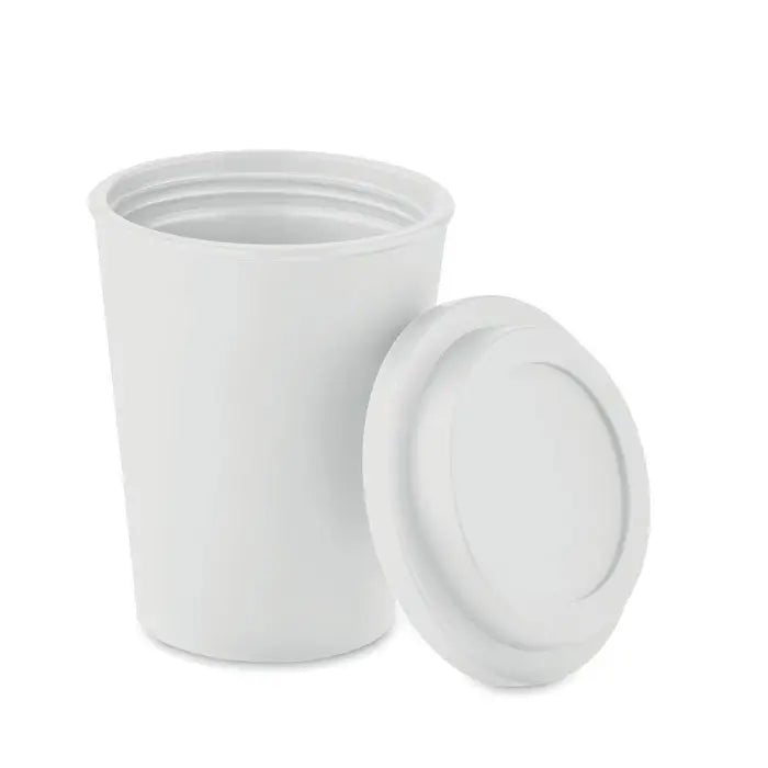 Pahar cu perete dublu pp alb de 300 ml cu capac din plastic pentru cafea