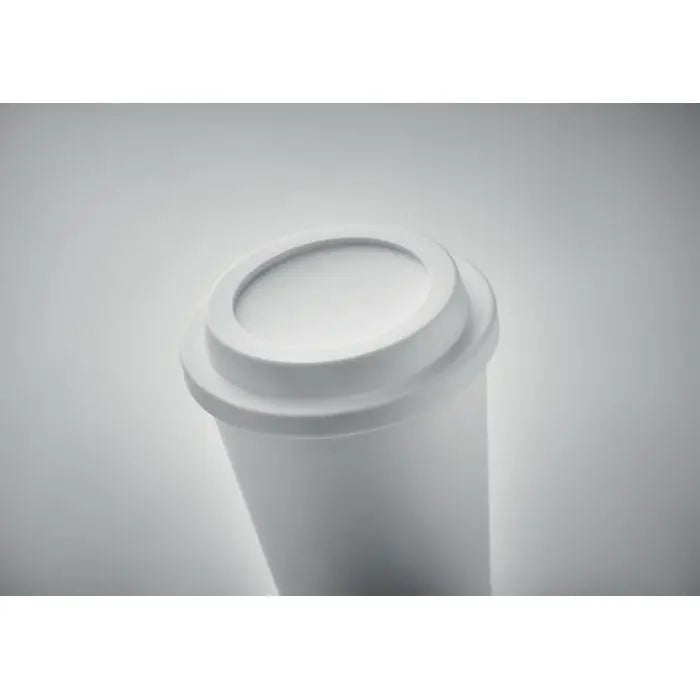 Pahar cu perete dublu alb din plastic pp de 300 ml cu capac asortat pentru bauturi calde si reci