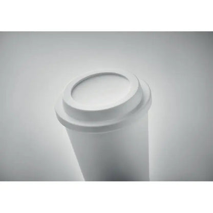 Pahar cu perete dublu alb din plastic pp de 300 ml cu capac asortat pentru bauturi calde si reci