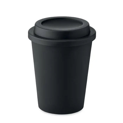 Pahar cu perete dublu pp 300 ml din plastic negru mat cu capac asortat pentru cafea