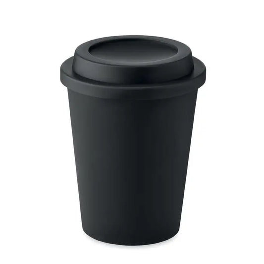 Pahar cu perete dublu pp 300 ml din plastic negru mat cu capac asortat pentru cafea