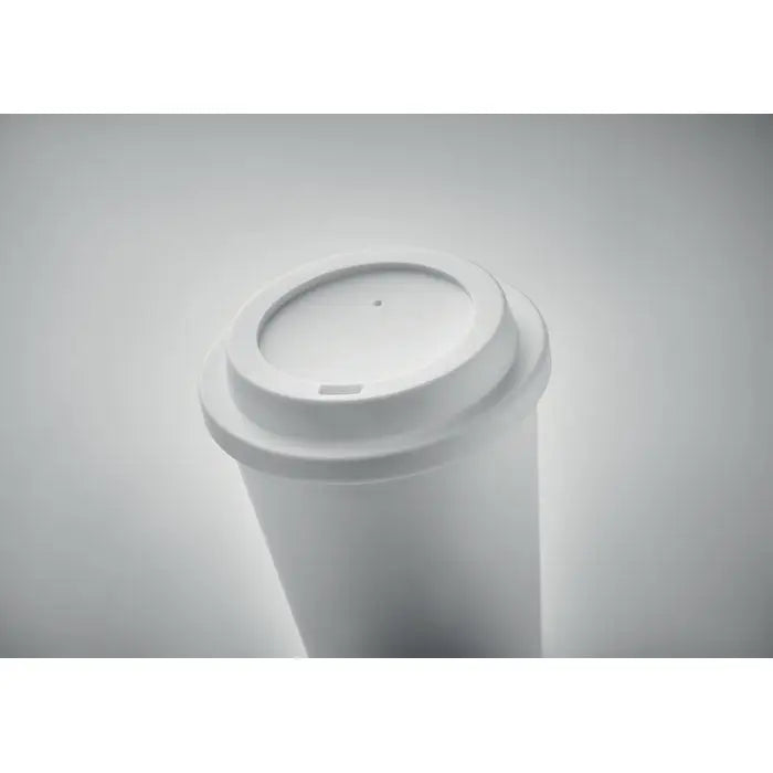 Pahar cu perete dublu pp 300 ml alb din plastic cu capac cu deschidere rectangulara pentru baut cafea