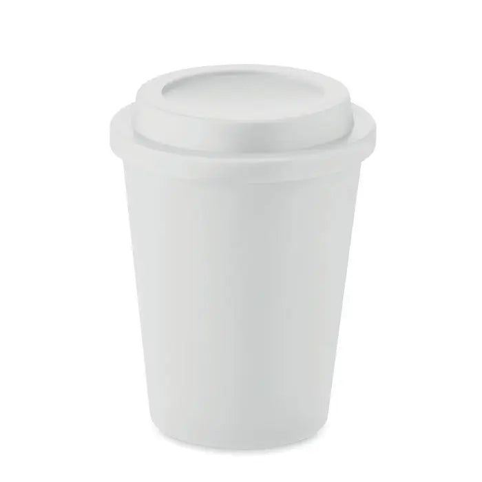 Alb pahar din plastic pp cu perete dublu 300 ml cu capac potrivit pentru bauturi calde de unica folosinta