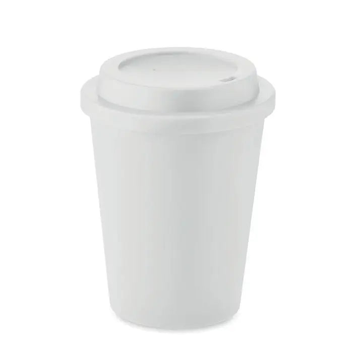 Pahar cu perete dublu pp 300 ml alb din plastic cu capac asortat pentru bauturi calde disposable