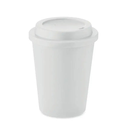 Pahar cu perete dublu pp 300 ml alb din plastic cu capac asortat pentru bauturi calde disposable