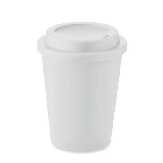 Pahar cu perete dublu pp 300 ml alb din plastic cu capac asortat pentru bauturi calde disposable