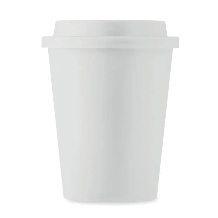 Pahar cu perete dublu pp 300 ml alb din plastic cu capac de unica folosinta pentru cafea