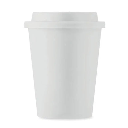 Pahar cu perete dublu pp 300 ml alb din plastic cu capac de unica folosinta pentru cafea