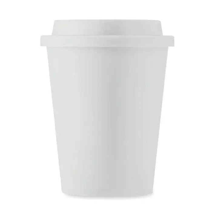Pahar cu perete dublu pp 300 ml alb din plastic cu capac potrivit pentru bauturi calde de unica folosinta