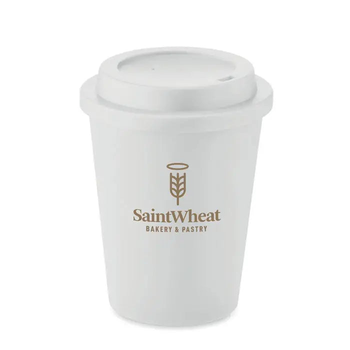 Pahar cu perete dublu pp 300 ml alb izolant cu capac si logo saintwheat bakery pastry aurii cu spice de grau