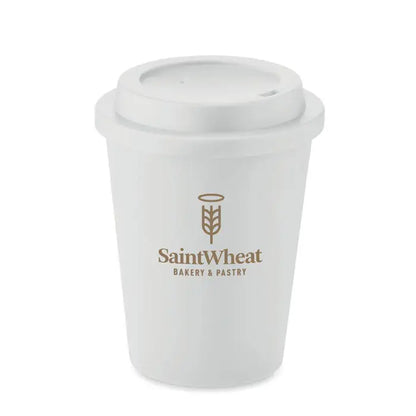 Pahar cu perete dublu pp 300 ml alb izolant cu capac si logo saintwheat bakery pastry aurii cu spice de grau
