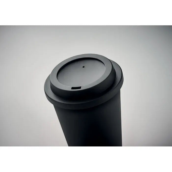 Pahar cu perete dublu pp 300 ml din plastic negru mat cu capac asortat si deschidere pentru baut cafea reutilizabil