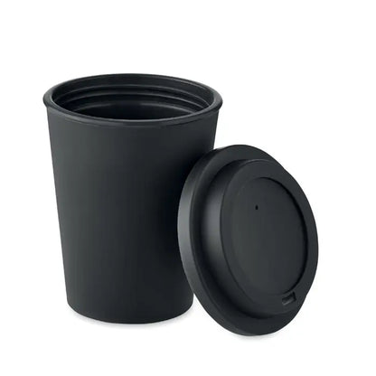 Pahar cu perete dublu pp de 300 ml negru mat cu capac potrivit pentru calatorii si bauturi calde