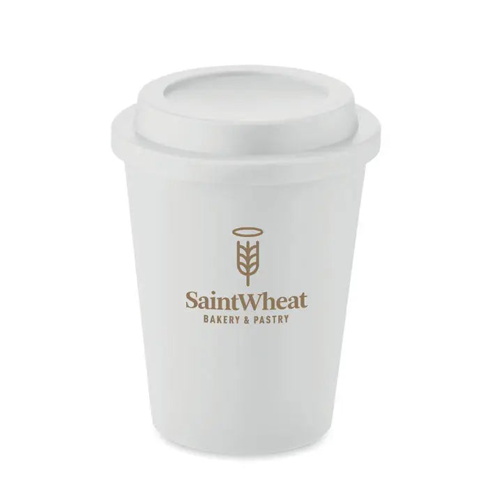 Pahar cu perete dublu pp 300 ml alb cu capac, termos izolat, logo saintwheat bakery & pastry aurii cu spice de grau angelice