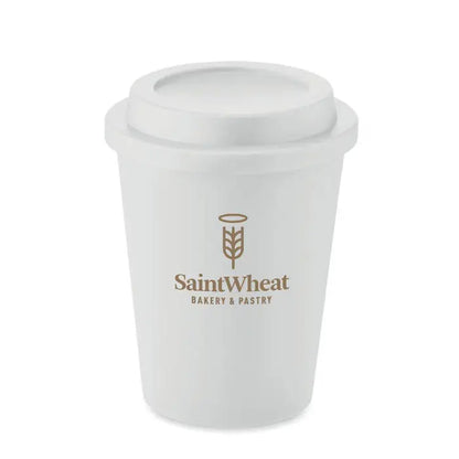Pahar cu perete dublu pp 300 ml alb cu capac, termos izolat, logo saintwheat bakery & pastry aurii cu spice de grau angelice