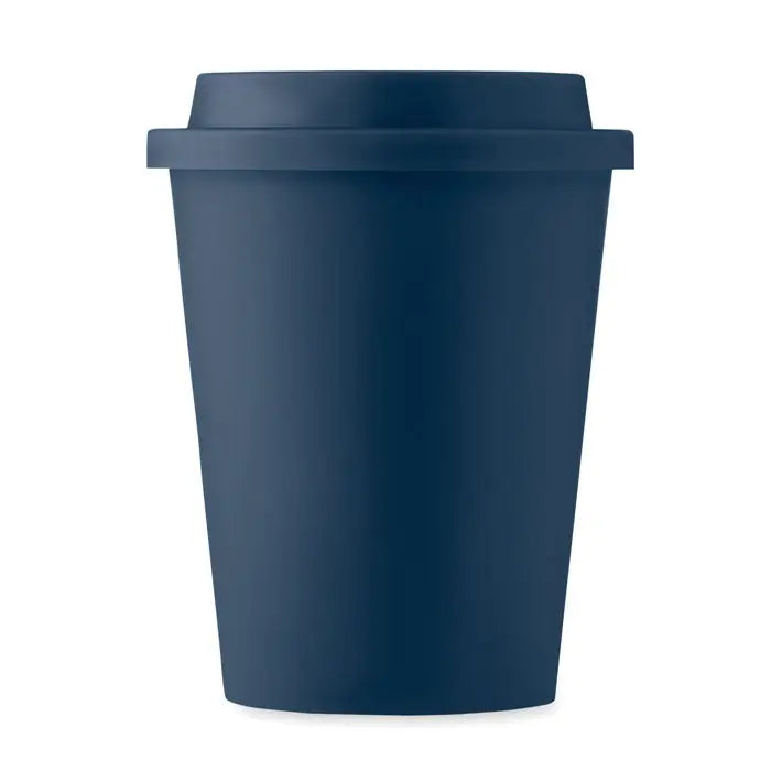 Pahar cu perete dublu pp 300 ml albastru inchis din silicon pentru calatorii cu capac asortat