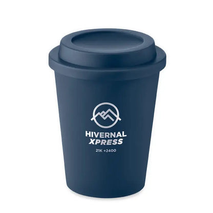 Pahar cu perete dublu pp 300 ml albastru inchis cu capac si logo alb hivernal xpress 21k plus 2400